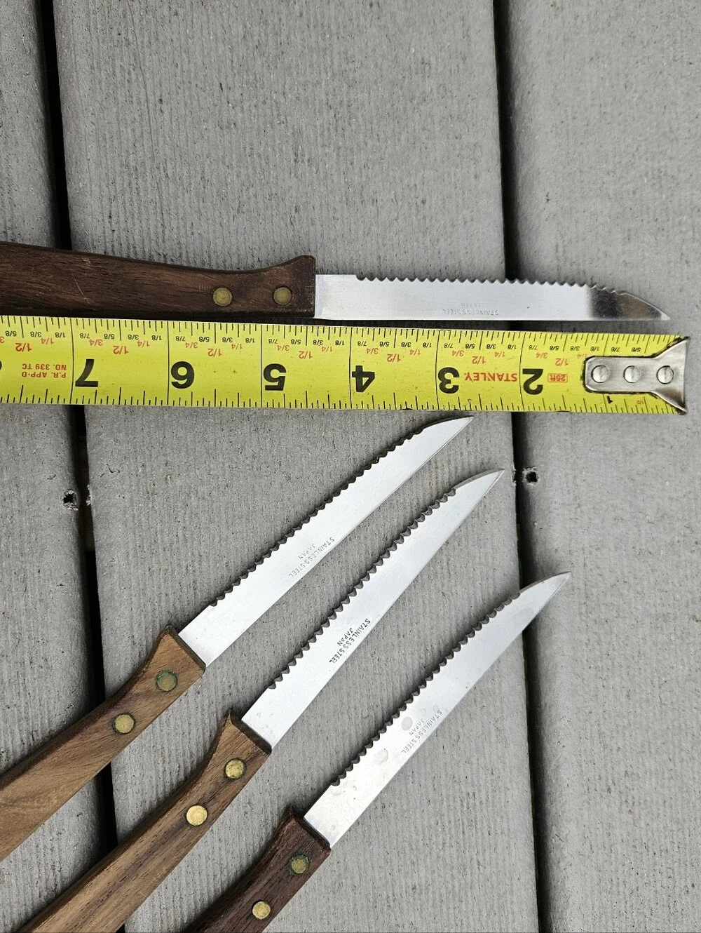 Mid Century Modern Japanese Steak Knife Set 4PC Stainless Wood Brass Rivets
